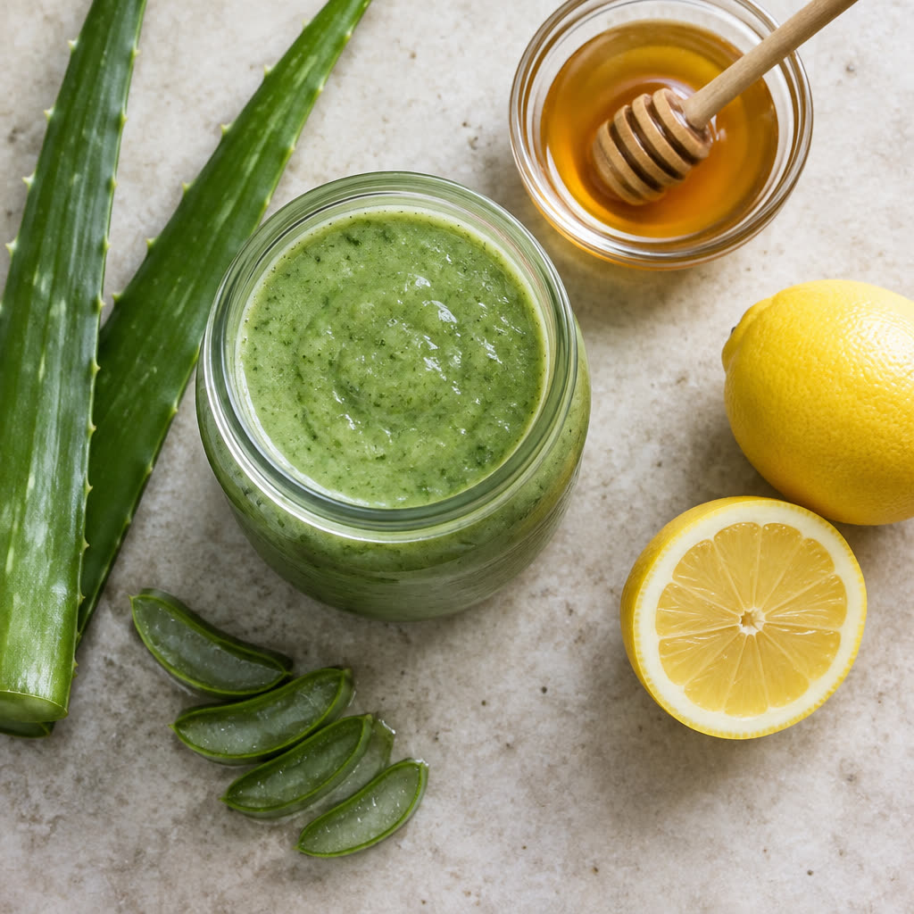 Frullato di aloe con foglie, miele e limone