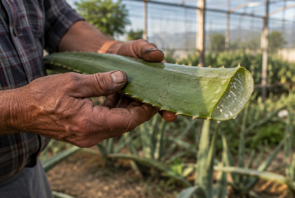 Foglia di aloe appena tagliata tra le mani